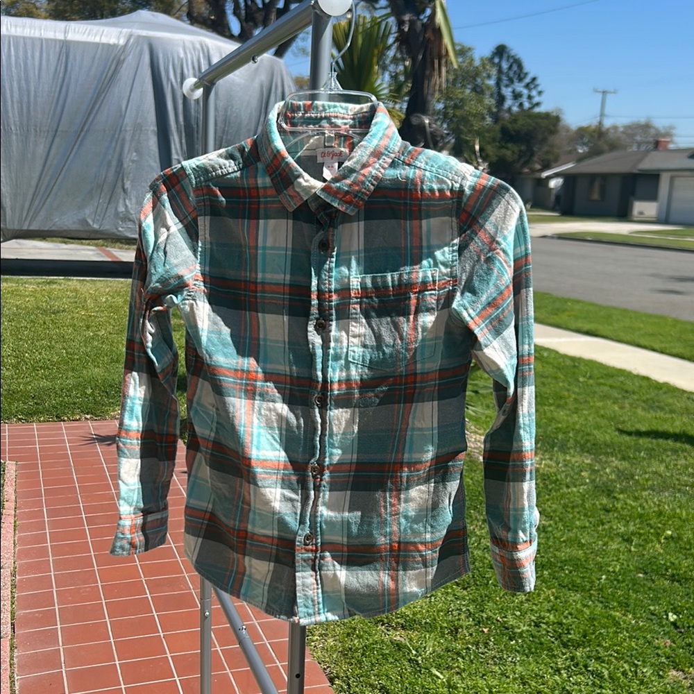 Plaid Button-Up Shirt - Green and Orange